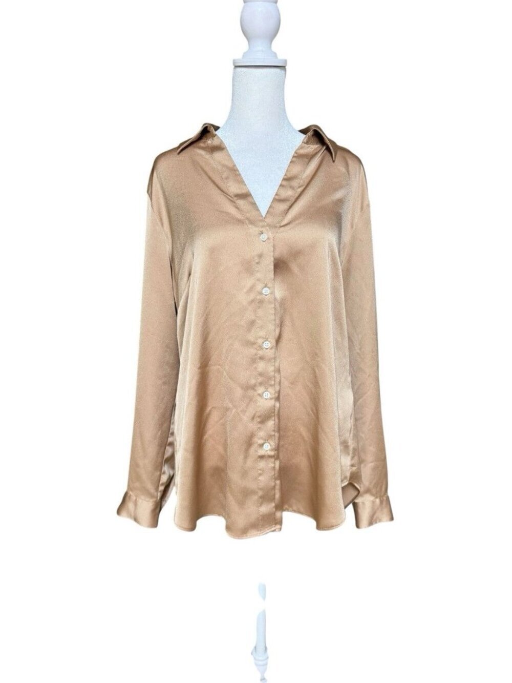 Ann Taylor Blouse Large Gold Satin Button Front Long Sleeve Top